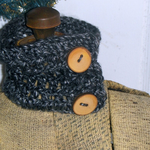 Wolf Thorn Gray Tweed Chunky Boho Handmade Crochet Neck Cowl Ear / Head warmer wool blend wood buttons. Rustic unisex Indie gift fall autumn