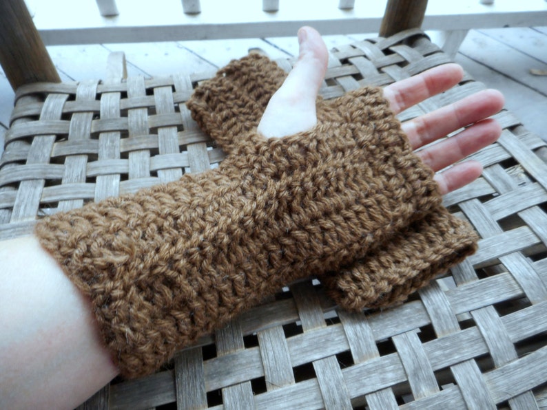 The Wild Hawk Fingerless Gloves crochet Arm Warmers Handmade Crocheted. fall autumn winter boho. Dark Beige ACrylic Yarn Handmade gloves image 4