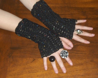 COSMIC DUST bohochic crochet Fingerless Texting Gloves. Black speckled midi arm warmers. Handmade homespun Gothic Victorian style dark