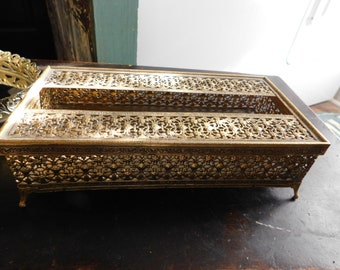 Vintage Ormolu Hollywood Regency Ornate Brass Glass Velvet Vanity Set. Oval Tray, Perfum Decanter, Tissue Box Holder, Jewelry Casket Box