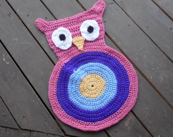 Hootie, The Owl Rug. Girls Crocheted Handmade Owl In Girly Girl Colors. Pink, Purple, Hydrangea, Yellow Whimsical PlayRoom Nursery Kids Room