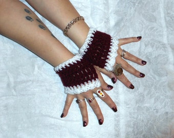 Hand warmers / Fingerless Gloves The Miss Mina Gloves. Rust Red & Sparkly white Boho Crochet Shorty Dark Burgundy Red Bothic Victorian chic