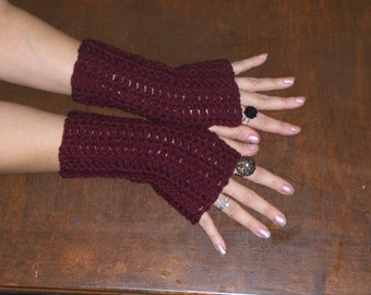 The Garnet Red Fingerless bohochic Gloves.  Handmade crochet Arm Warmers  Deep Blood Red Dracula Burlesque Victorian Handmade Crocheted