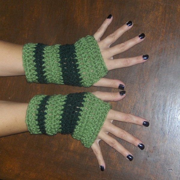 The Forest Dweller Fingerless Gloves. Crochet Wrist Warmers Tea Leaf & Forest Green Striped Crocheted Bohemian Victorian Rustic Handmade