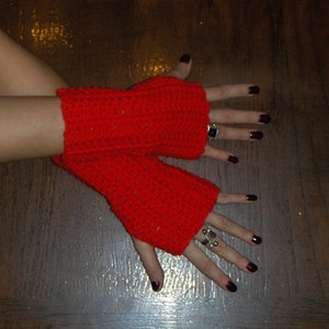 Fingerless Gloves Red Poppies Hand Crocheted Boho Valentine Red Arm Warmers BOhO Mittens Gloves Wrist Warmers Christmas Red Festive Holiday image 2