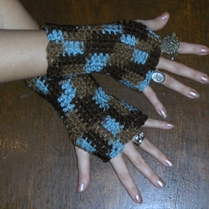 The Earth & Sky Fingerless Crochet Gloves. Boho Folk Victorian Arm Warmers sky blue, brown Bohemian Handmade Crocheted. Earthy folk Gloves