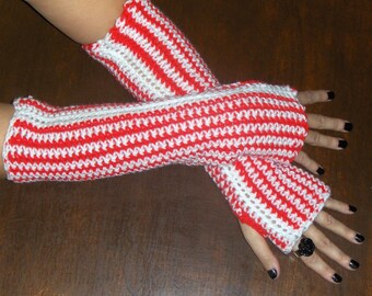 Fingerless Gloves The Candy Cane Boho Handmade crochet candy Stripes Red & White stripe Long Arm Warmers christmas Peppermint Candy bohochic