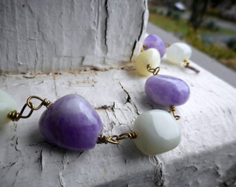 Spring Lavender. Amazonite & Amethyst Chunky Nugget Boho Beaded Gemstone and Brass Bracelet  #FestiveEtsyFinds
