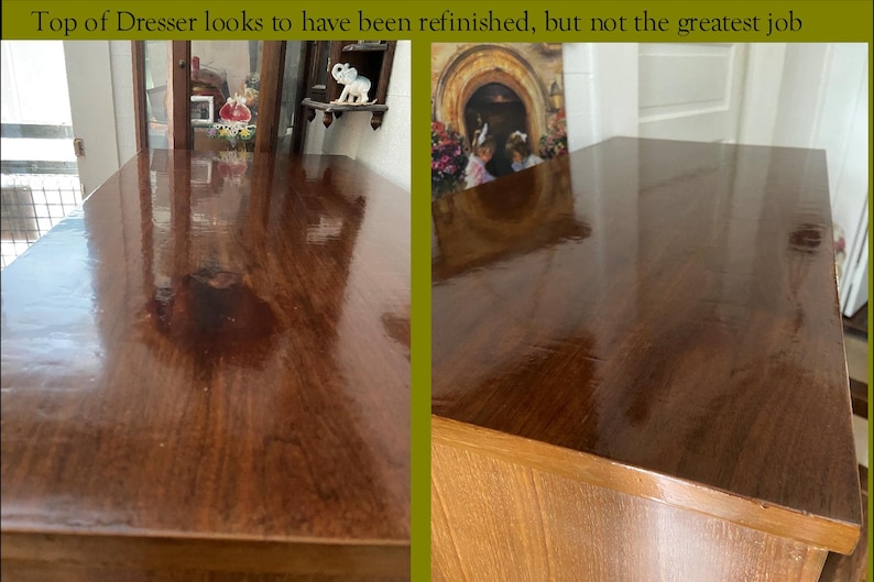 Peut inclure: Gros plan sur le dessus d'une commode en bois, qui a &eacute;t&eacute; refait. La surface est brun fonc&eacute; avec une finition brillante, refl&eacute;tant l'environnement. Le texte en haut de l'image indique : "Top of Dresser looks to have been refinished, but not the greatest job."