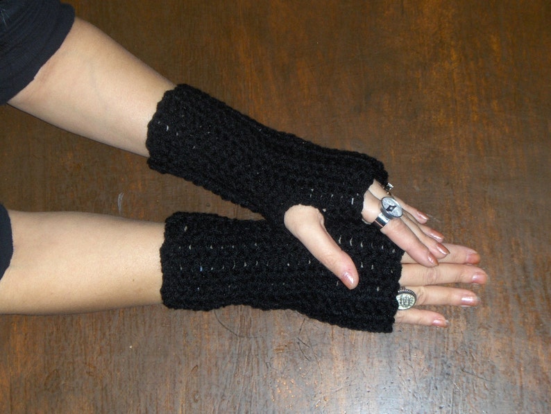 The Black Mamba Fingerless Gloves. Arm Warmers Handmade Crochet Texting Gloves Hand Crocheted fall autumn winter accessory Gothic Boho Raven image 3