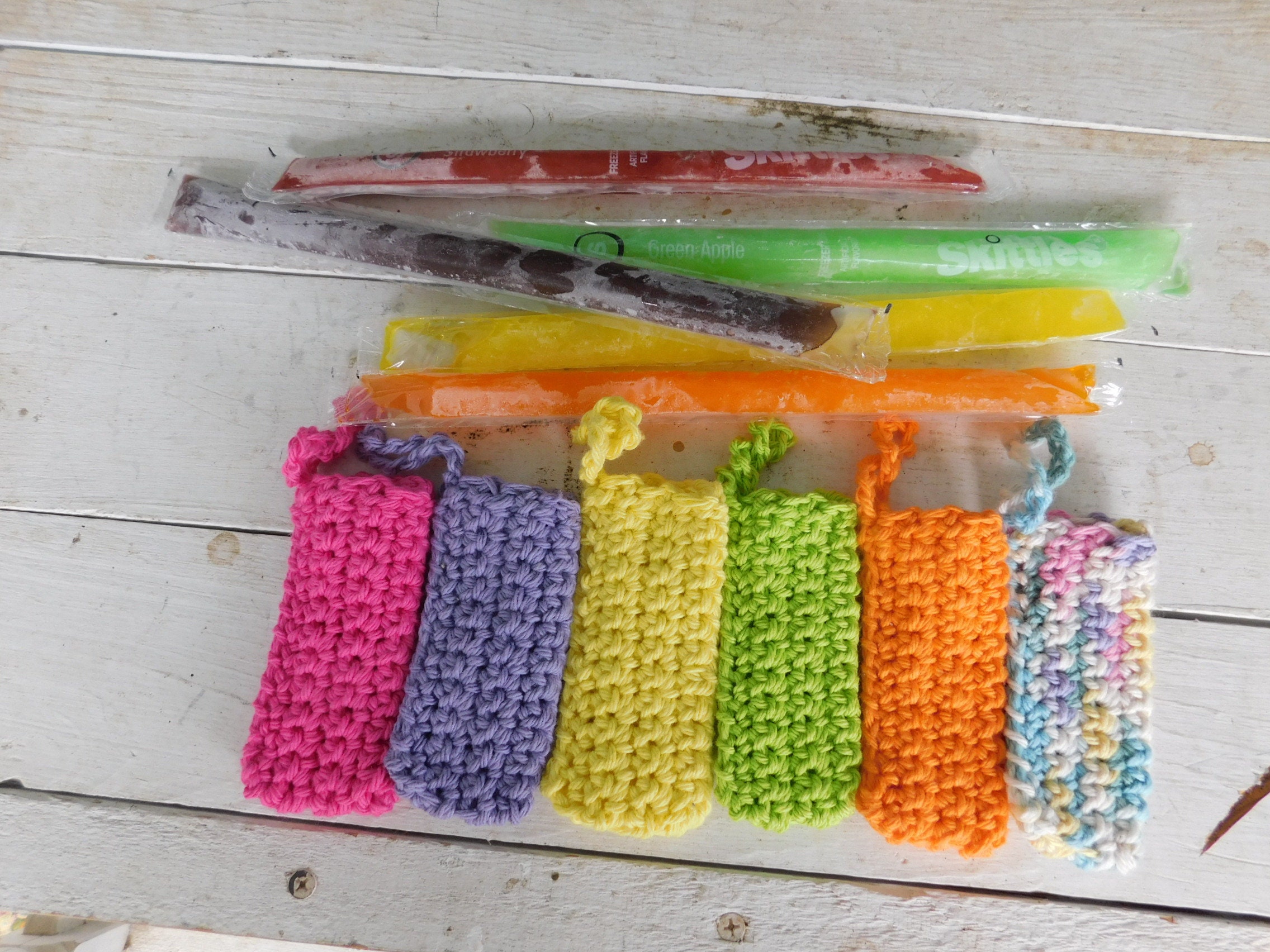 Freeze Pop holder, Ice pop holders, set of 6 in pink, lavender, yellow, lime, orange, and multi 100% cotton handmade crochet kids or adults