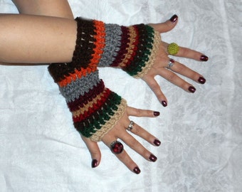 EARTH. Handmade Hodge Podge Multi colored striped arm warmers fingerless gloves. autumn rustic fall colors  #FestiveEtsyFinds