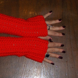 Fingerless Gloves Red Poppies Hand Crocheted Boho Valentine Red Arm Warmers BOhO Mittens Gloves Wrist Warmers Christmas Red Festive Holiday image 3