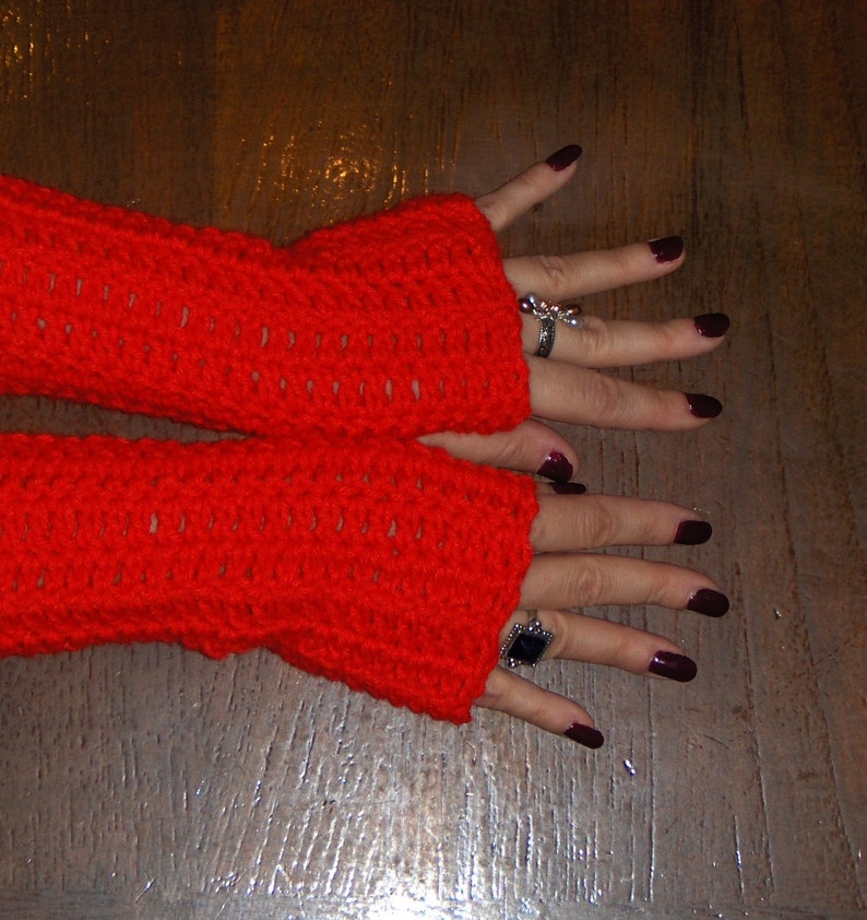 Fingerless Gloves Red Poppies Hand Crocheted Boho Valentine Red Arm Warmers BOhO Mittens Gloves Wrist Warmers Christmas Red Festive Holiday image 3