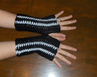 The Skunk Gloves. Handmade Fingerless Gloves, Arm Warmers Crochet . Use for smoking, driving, texting. White Racing stripes osfa
