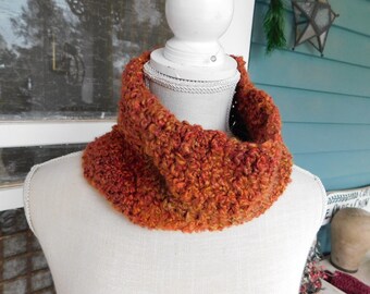 The Wildfire Boucle Neck Cowl Infinity scarf. Rustic Crochet Folk Bohemian Wild Fire umber orange Gypsy Hand Crocheted Homespun soft plushy