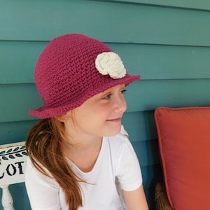 Raspberry Cloche. with white flower hand crochet rustic prim country cottage little girl easter whimsical handmade victorian cap