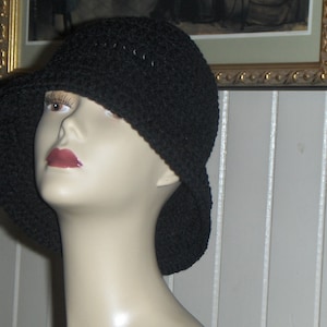 Raven Black Jaunty Crochet Hat. Formal Victorian Handmade Hand Crocheted Homespun Black Mamba Victorian Cloche Poor Boy Cap. Made to order