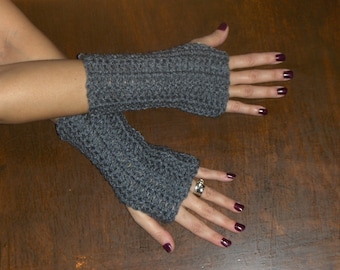 The Gray Heather Fingerless Boho Texting Crochet Gloves  Arm Warmers Wrist Rustic Fall Indie Handmade Victorian Medium Gray Gloves Unisex