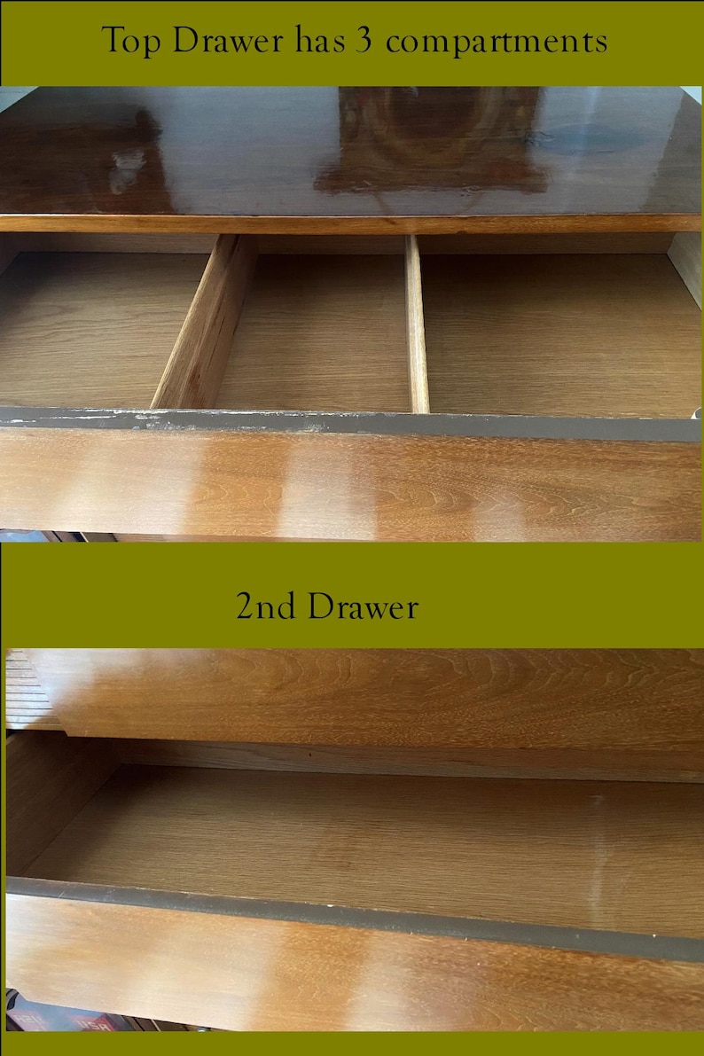 Peut inclure: Tiroirs de commode en bois ouverts. Le tiroir sup&eacute;rieur comporte trois compartiments, et le deuxi&egrave;me tiroir est &eacute;galement visible. Le texte "Top Drawer has 3 compartments" et "2nd Drawer" sont affich&eacute;s sur l'image.