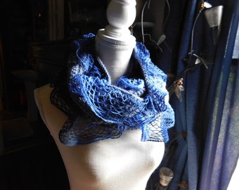 The Country Belle Frilly Neck Cowl. Long infinity crochet Scarf. Steel Blue Crochet Gypsy Bohochic Cotton Blue Lace Victorian fall fashion