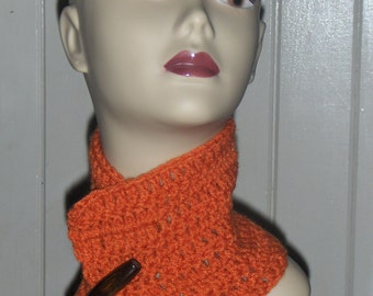 The Carrot Spice Cake Cowl Rustic crochet hand crafted handmade burnt Orange Autumn Harvest Neck wrap Wood Toggle Button Fall winter Fashion