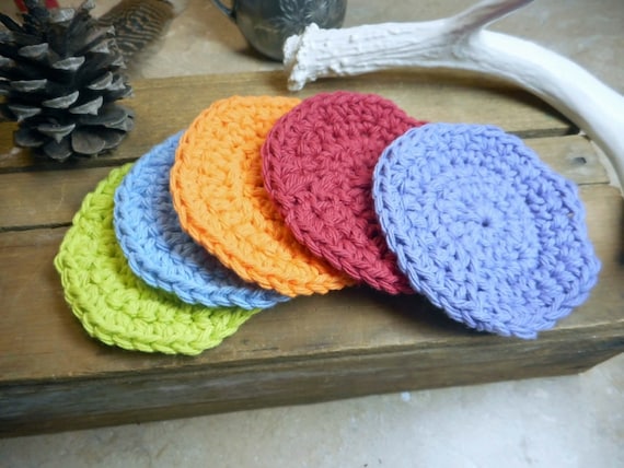 Baby Pure Cotton Crocheted Round Facial Wash cloths. Coral Lemon- Lime Orange Blue Lavender Handmade Set of 5 Face Cloths Baby Shower Gift