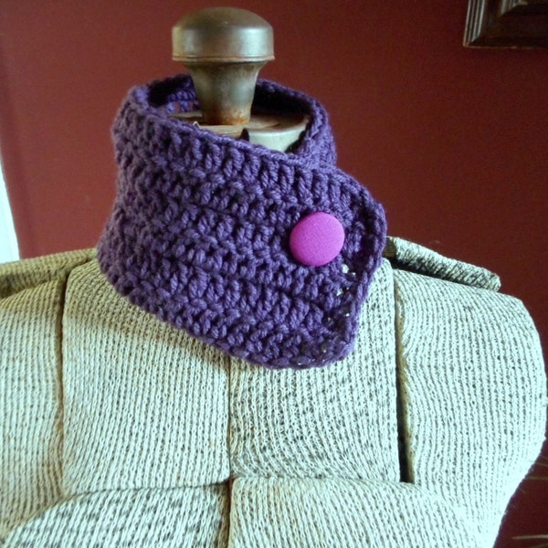 The Purple Passion Cowl. Handmade Aubergine Eggplant Dark Purple crochet Neck Cowl OOAK with fuchsia pink tapestry vintage repurposed button