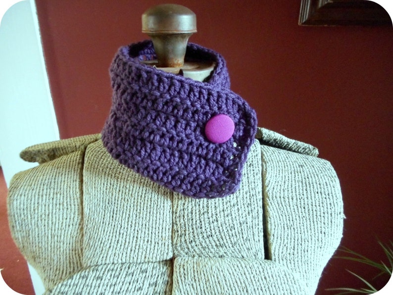 The Purple Passion Cowl. Handmade Aubergine Eggplant Dark Purple crochet Neck Cowl OOAK with fuchsia pink tapestry vintage repurposed button image 1