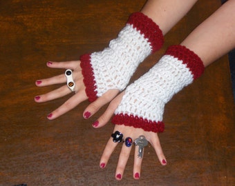 The Raggedy Ann Fingerless Victorian Gloves Red frilly  handmade boho handmade fingerless gloves arm warmers. White acrylic yarn cranberry