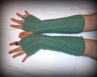 Hand Crochet rustic Handmade Long Arm Warmers Fingerless Gloves The Ivy Meadow Long Victorian Gloves. Rustic Woodland Ivy Green