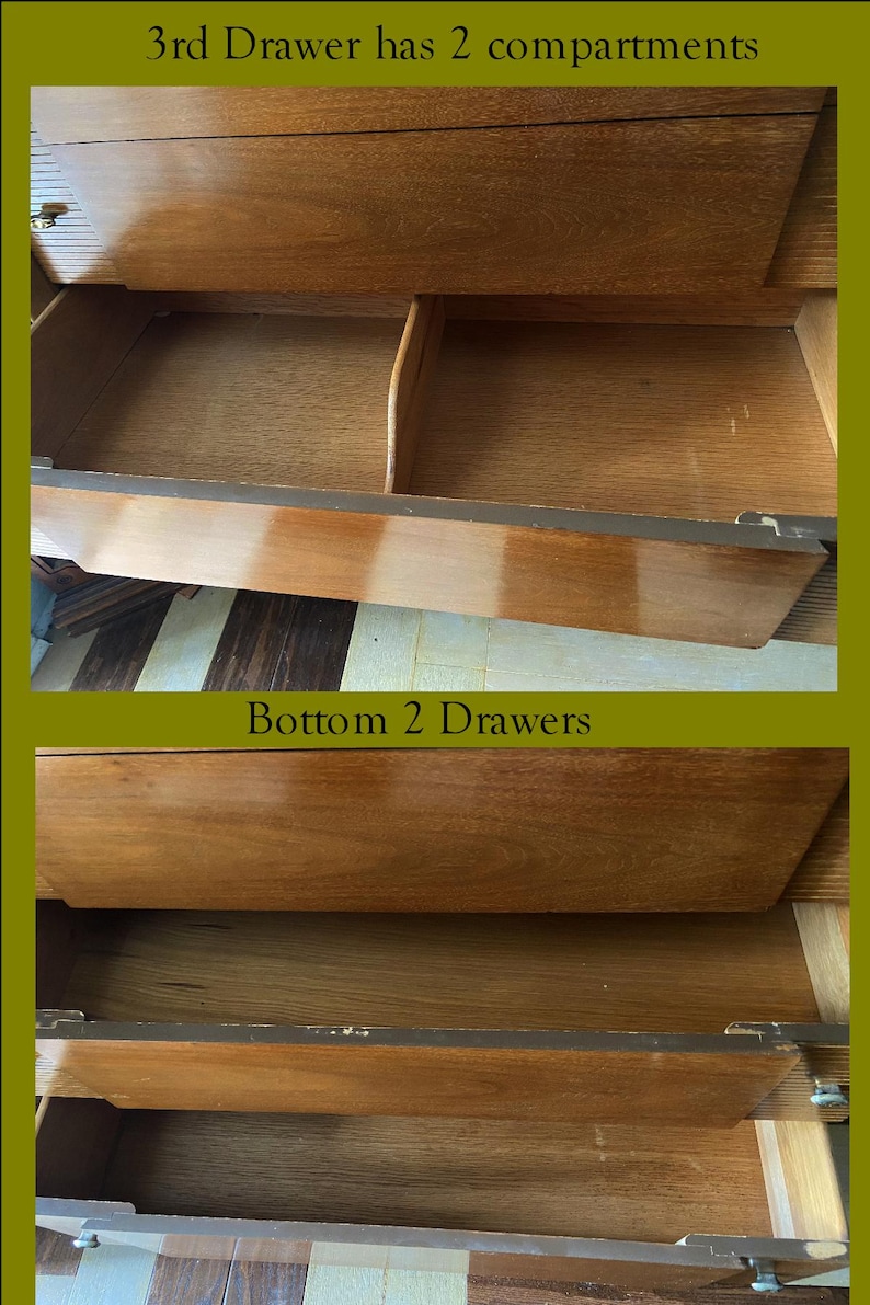 Peut inclure: Tiroirs de commode en bois ouverts. Le tiroir sup&eacute;rieur comporte deux compartiments, et les deux tiroirs inf&eacute;rieurs sont &eacute;galement visibles. Le bois a une teinte chaude et naturelle avec un grain visible. Le texte "3rd Drawer has 2 compartments" et "Bottom 2 Drawers" est inclus.
