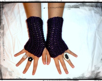 Fingerless Gloves Dark Plum Crocheted Indie Bohemian . Deep Purple Arm Warmers Boho Texting Gloves Medium Length Burlesque Fall & winter