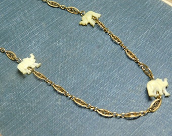 Vintage 12k GF Lucky Elephant Necklace 15.5" GF filigree oval link chain. Carved  Celluloid elephant charms