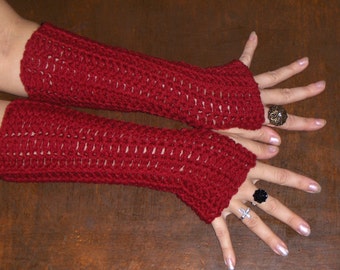 Arm Warmers, Fingerless Gloves Jellied Cranberry Holiday Red Handmade Victorian style Texting Gloves  Handmade Red  Crocheted Long gloves