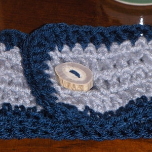 Windsor and stormy blue.  Handmade Crocheted Coffee Cup Cozy and Deer Antler Button Gift for him or her  #FestiveEtsyFinds