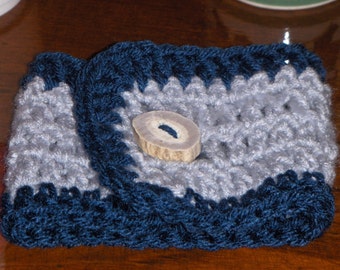 Windsor and stormy blue.  Handmade Crocheted Coffee Cup Cozy and Deer Antler Button Gift for him or her  #FestiveEtsyFinds