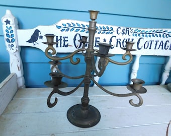 Vintage Large Brass Ornate 9 candle candelabra. DIning room table centerpiece. Rustic wedding decor, Antique Farmhouse  #FestiveEtsyFinds