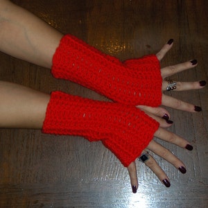 Fingerless Gloves Red Poppies Hand Crocheted Boho Valentine Red Arm Warmers BOhO Mittens Gloves Wrist Warmers Christmas Red Festive Holiday image 1