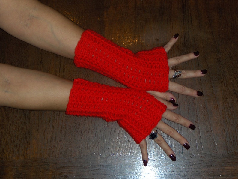 Fingerless Gloves Red Poppies Hand Crocheted Boho Valentine Red Arm Warmers BOhO Mittens Gloves Wrist Warmers Christmas Red Festive Holiday image 1