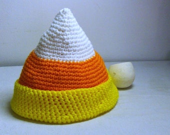 Candy Corn Crocheted Adult Sized Halloween Hat- made to order. Bohemian whimsical Autumn fall handmade home spun candy hat VIPKID