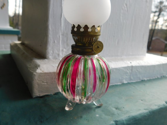 Vintage Fluted Oil Lantern Lamp Carnival Glass Green Red Striped