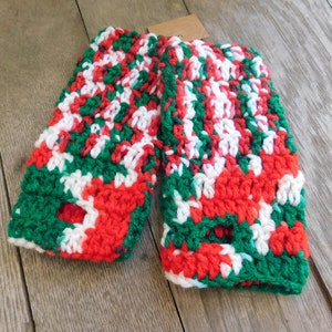 The Christmas Gloves. Handmade crocheted red, white, & green winter arm warmers, fingerless gloves, gaming, texting, driving. Yule festival
