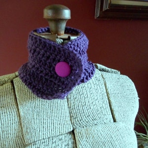 The Purple Passion Cowl. Handmade Aubergine Eggplant Dark Purple crochet Neck Cowl OOAK with fuchsia pink tapestry vintage repurposed button image 2