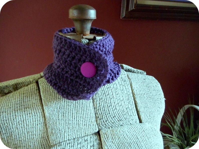 The Purple Passion Cowl. Handmade Aubergine Eggplant Dark Purple crochet Neck Cowl OOAK with fuchsia pink tapestry vintage repurposed button image 2