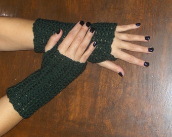 The Forest Grove Fingerless Gloves boho Dark Green Arm Warmers Fingerless Mittens Texting Gloves Forest Huntergreen Handmade folk Crocheted