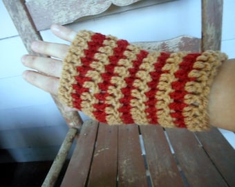 The Caramel Apple Fingerless boho crochet Gloves Tan & Red Apple Handmade Crocheted. Arm warmers wristers fall autumn harvest apple orchard