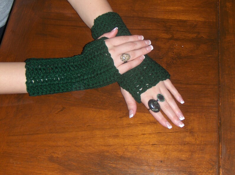 Evergreen Fingerless Gloves crochetTexting Gloves Arm Warmers Handmade Crocheted. fall autumn winter boho Dark Forest Green Hunter Green image 3