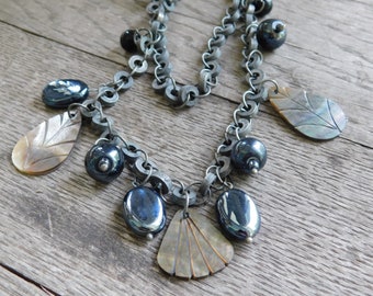 Vintage Hematite, Metal, Shell, & Leather Boho Beachy Necklace  #FestiveEtsyFinds
