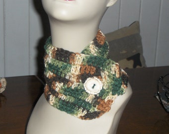 The Woodsy Neck Cowl Wrap Handmade boho woodland Crocheted Neck Cowl in camo green with genuine rustic deer antler rosette button ooak